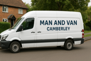 Man and Van Camberley white removals van parked on a residential street during a house move.