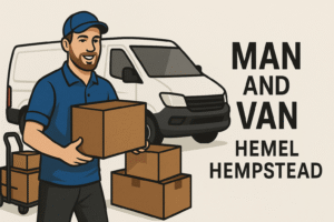 Man and Van Hemel Hempstead cover photo showing mover, boxes and van – local removals service.