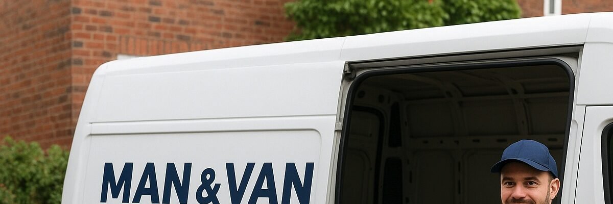 Man and Van Farnborough mover loading boxes into a white removal van outside a house
