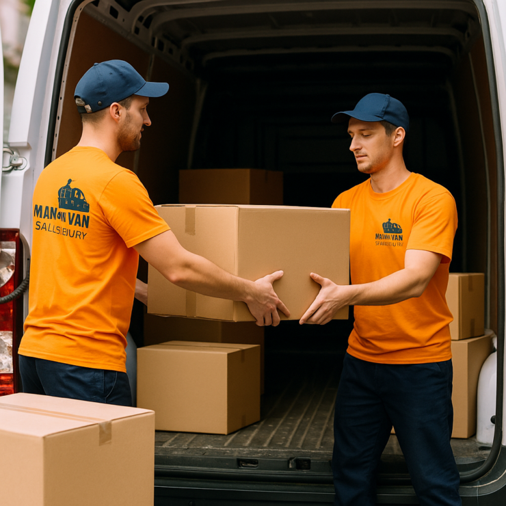 Man and Van Salisbury team loading moving boxes into a van – professional removals and transport service.