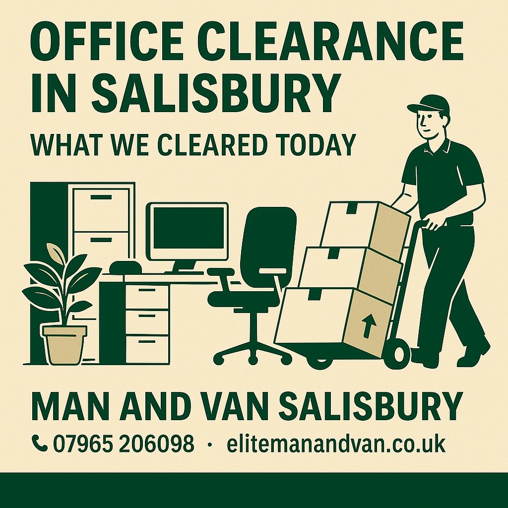 Office clearance in Salisbury – professional removal of office furniture, electronics, documents, boxes and commercial waste by Man and Van Salisbury. Fast, same-day office clearance service for businesses and workspaces.