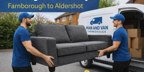 Two professional movers carrying a sofa during a man and van job from Farnborough to Aldershot
