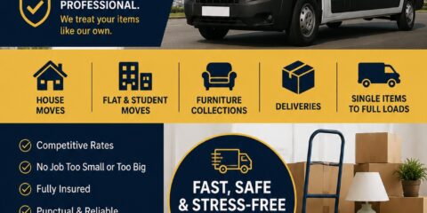 Elite Man and Van removals flyer with branded moving van, house removals, furniture collection, delivery services and contact number 07888 123888
